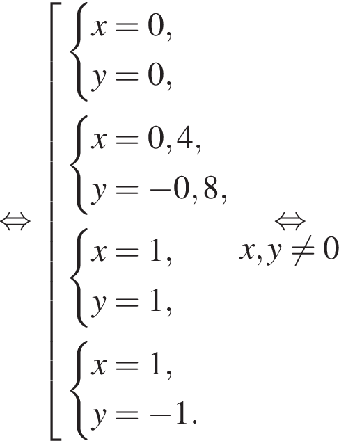  рав­но­силь­но со­во­куп­ность вы­ра­же­ний си­сте­ма вы­ра­же­ний x=0,y=0, конец си­сте­мы . си­сте­ма вы­ра­же­ний x=0,4,y= минус 0,8, конец си­сте­мы . си­сте­ма вы­ра­же­ний x=1,y=1, конец си­сте­мы . си­сте­ма вы­ра­же­ний x=1,y= минус 1. конец си­сте­мы . конец со­во­куп­но­сти . \undersetx,y не равно 0\mathop рав­но­силь­но 
