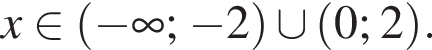 x при­над­ле­жит левая круг­лая скоб­ка минус бес­ко­неч­ность ; минус 2 пра­вая круг­лая скоб­ка \cup левая круг­лая скоб­ка 0;2 пра­вая круг­лая скоб­ка .