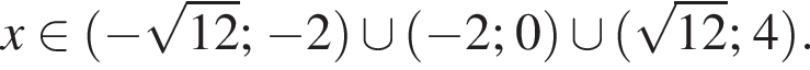 x при­над­ле­жит левая круг­лая скоб­ка минус ко­рень из: на­ча­ло ар­гу­мен­та: 12 конец ар­гу­мен­та ; минус 2 пра­вая круг­лая скоб­ка \cup левая круг­лая скоб­ка минус 2;0 пра­вая круг­лая скоб­ка \cup левая круг­лая скоб­ка ко­рень из: на­ча­ло ар­гу­мен­та: 12 конец ар­гу­мен­та ;4 пра­вая круг­лая скоб­ка .